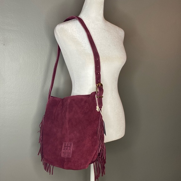 NWT! Haute Hippie Genuine Leather Red Wine Color Suede Slouchy Fringe Bucket Bag - Picture 1 of 7
